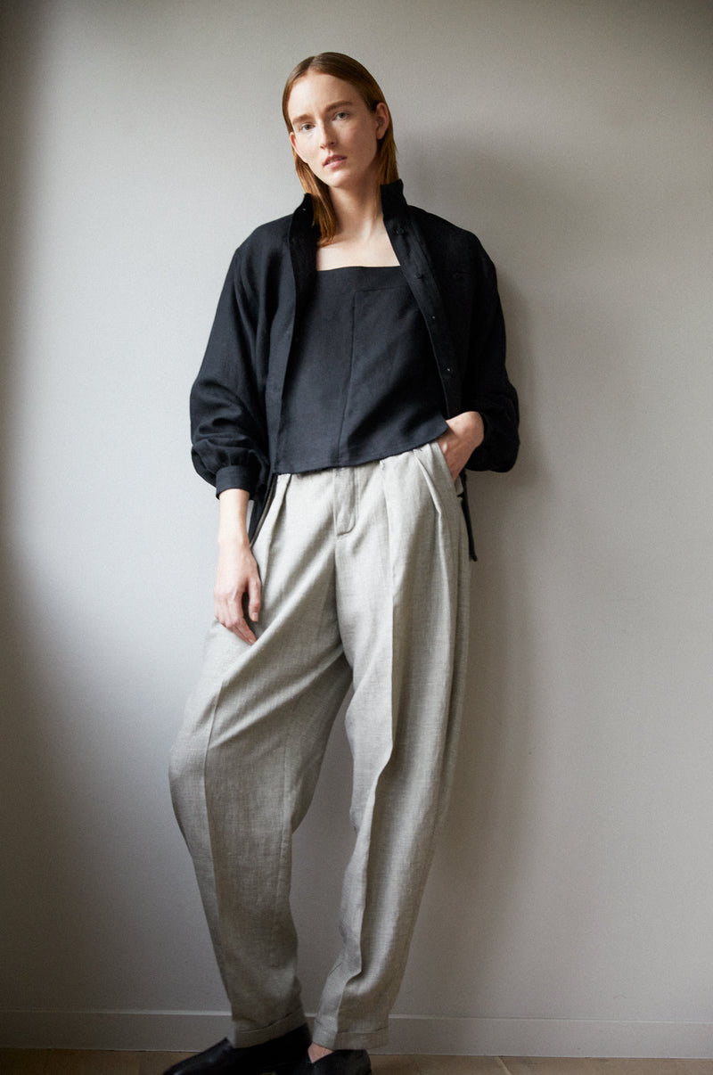 SOFT MIST | DOG TOOTH LINEN WOOL TROUSERS